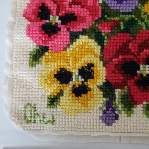 Vintage Completed Pillow Top 16x16 Needlepoint Needlework Pansy Flowers - Picture 2 of 8